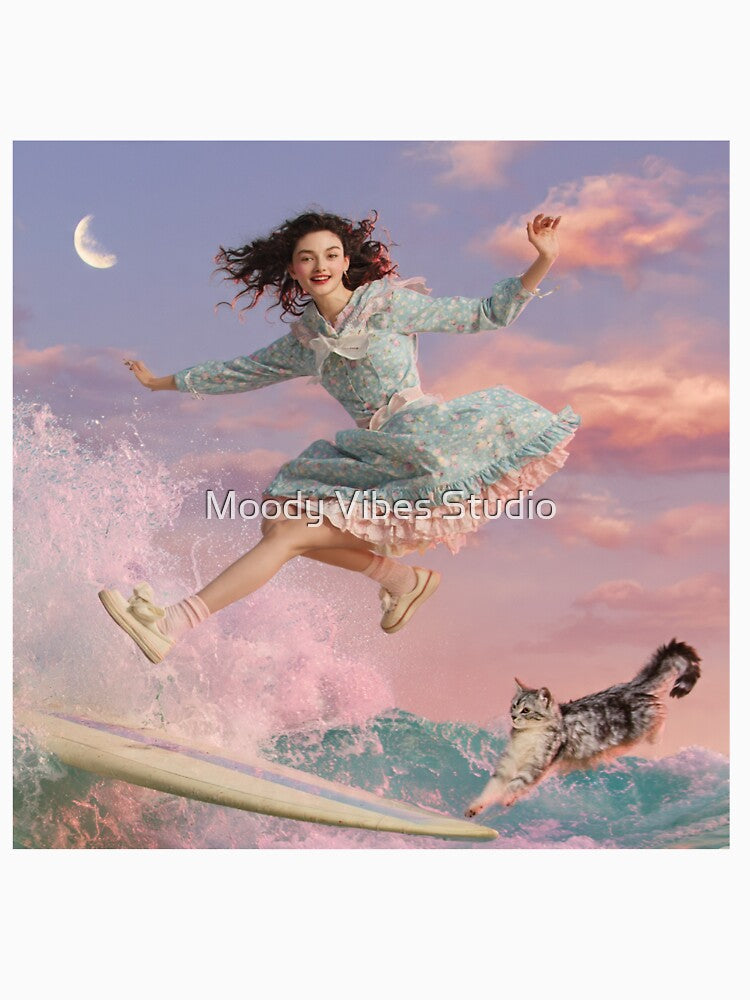 Dreamcore Girl Surfing With Cat Moon by Moody Vibes Studio