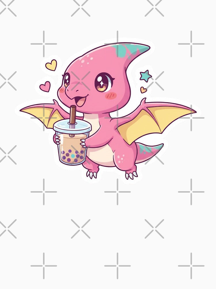 Cute Kawaii Pink Pterodactyl Dinosaur Drinking Boba Bubble Tea Sticker for Girls and Anime Lovers by bvdesignart