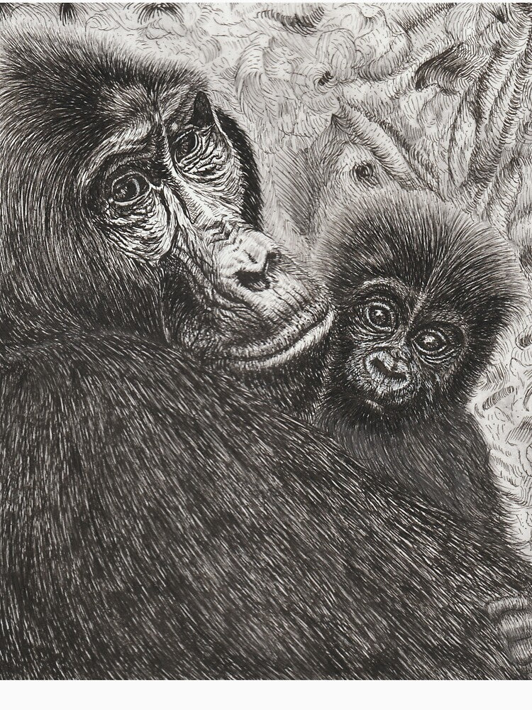 Maternal Hope - Mountain Gorilla Ink Illustration - Portrait by JanidAlfaro