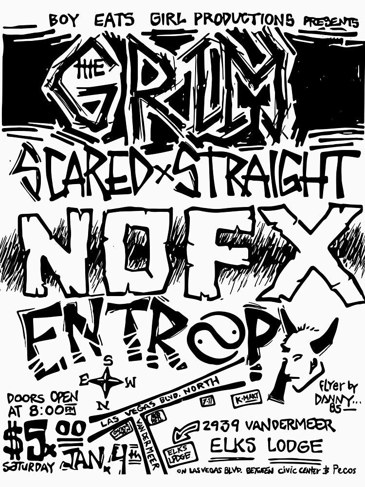 1986 punk show flyers NOFX, THE GRIM, SCAREDxSTRAIGHT by Emile Roy