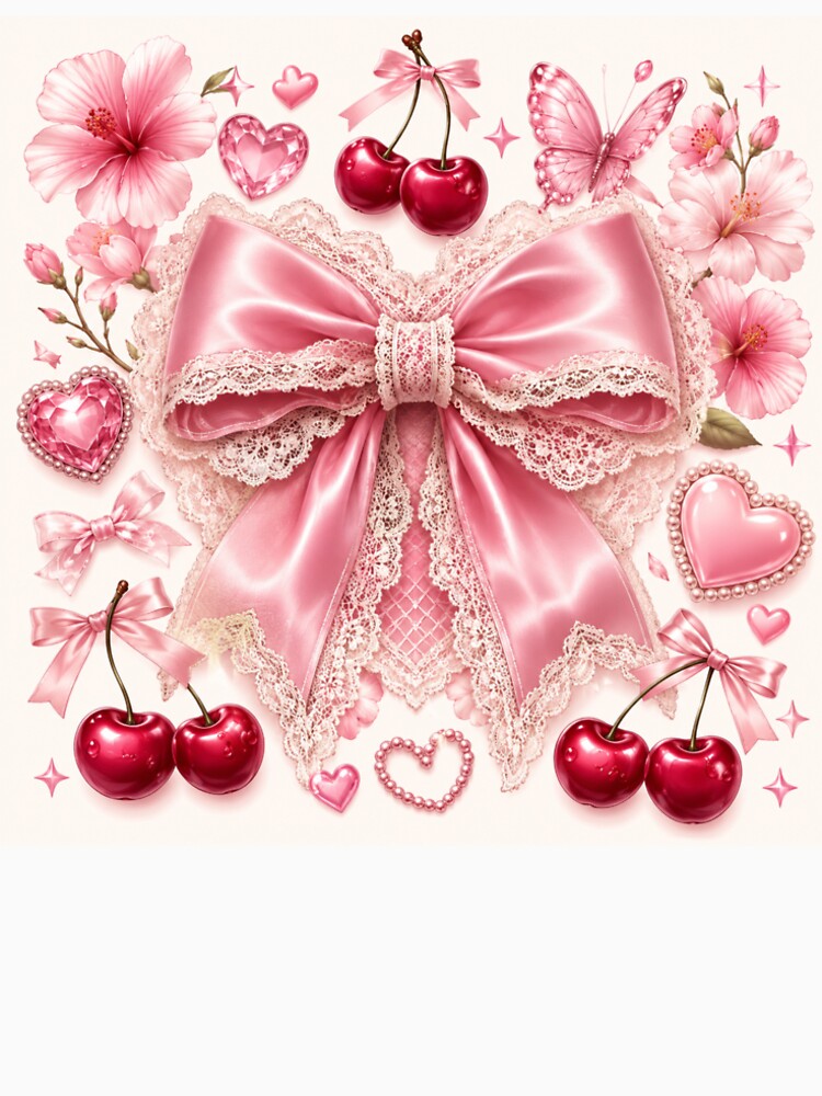 Pink Coquette Bow Cherries Hearts by IntelliMindDesigns
