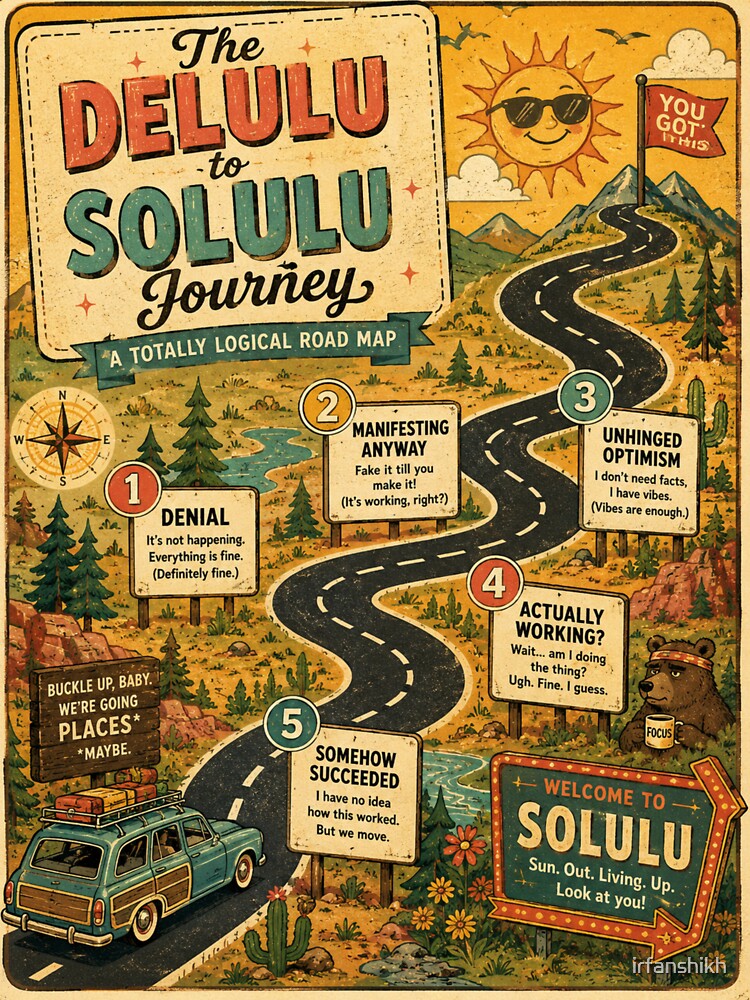 Delulu to Solulu Journey Road Map – Funny Retro Infographic Art | Delulu Humor Gift by irfanshikh