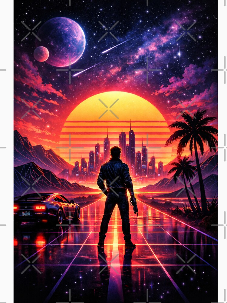 Synthwave Outrun City – Neon Cyberpunk Sunset Grid Retro Futuristic Artwork by 486DesignCo