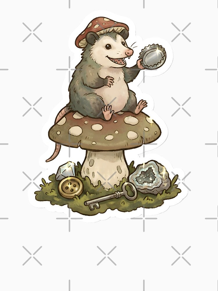 Cute Goblincore Possum on Mushroom with Shiny Treasure Hoard by StickyGuys