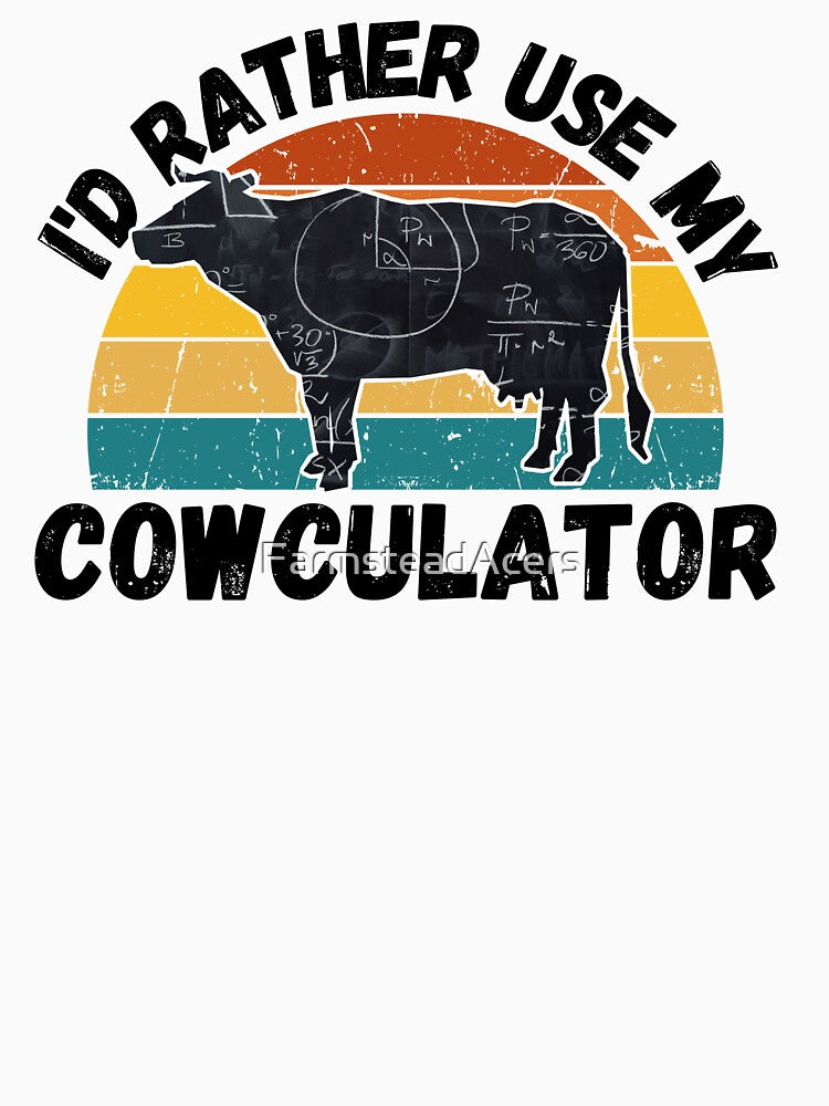 Black version of Math Cow with Vintage sunset "Cow-Culator" jokes Funny colorful cow puns Calculator by FarmsteadAcers
