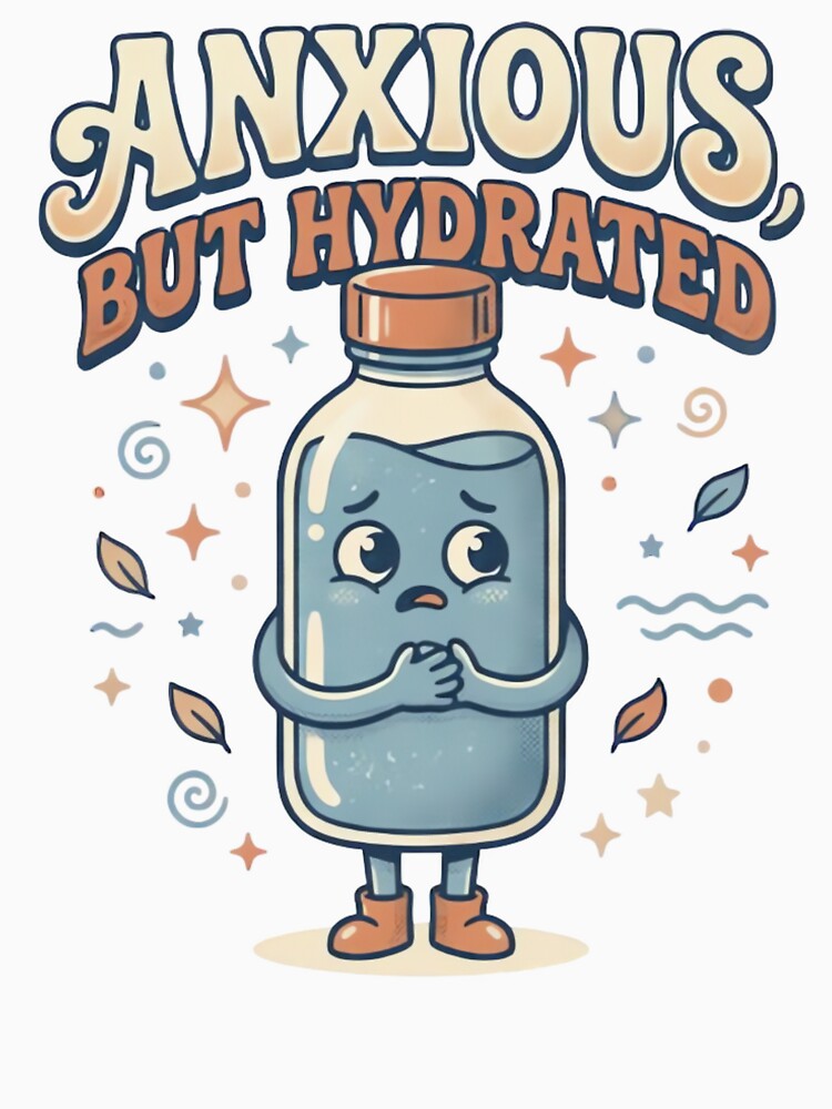 Anxious but Hydrated Cute Retro Bottle Character Sticker & T-Shirt by urbinet