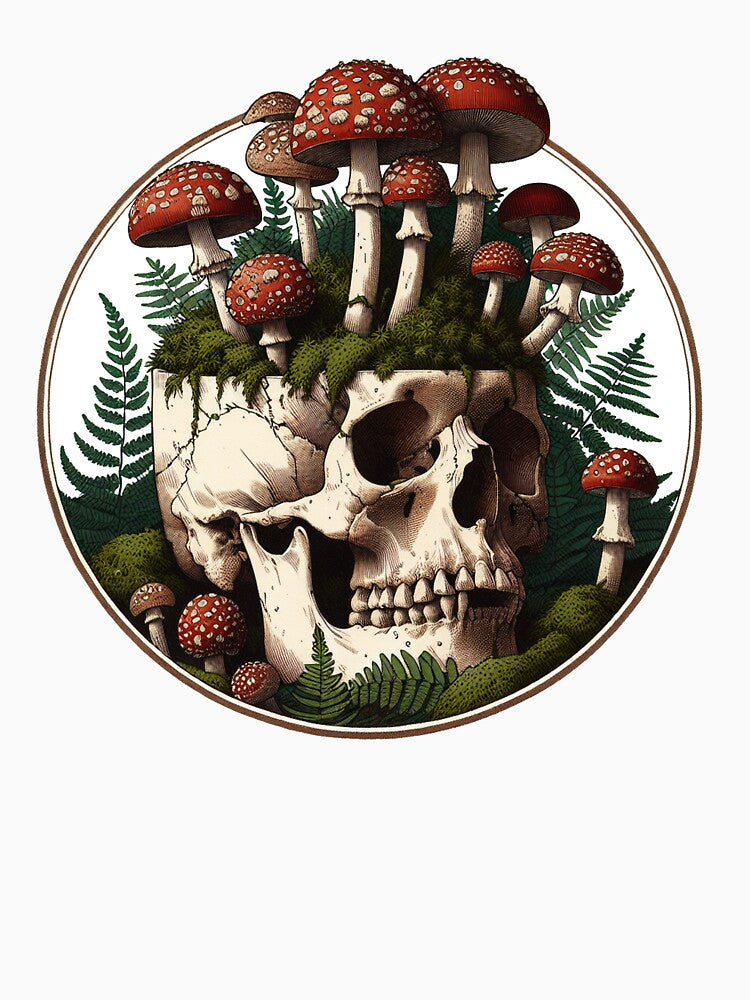 Vintage Overgrown Skull with Amanita Mushrooms - Memento Mori by The Mossy Library