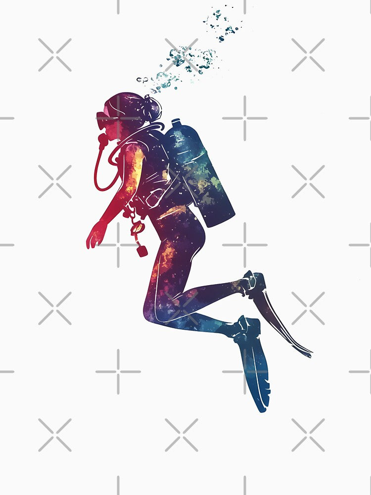 A little diver girl with scuba gear, swimming, full body, flat watercolor style, pastel tones, clean and minimalist design, pure white background by wonderisland