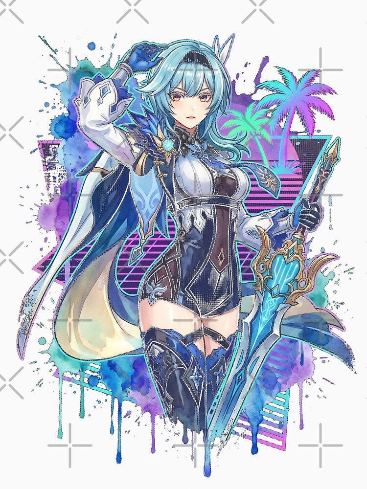 Genshin Impact Eula Vaporwave Neon Grid Japanese Text Portrait by Senpaiwaves