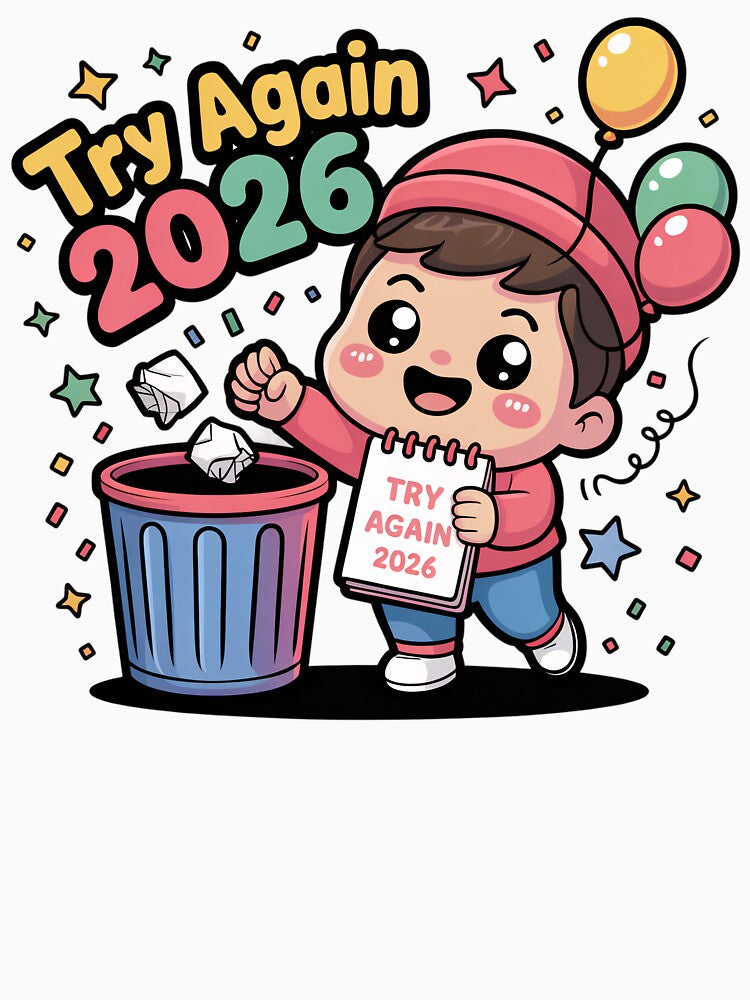 Kawaii Chibi New Year 2026 Cartoon – Cute Character Throwing Old Resolutions, “Try Again 2026” Pastel Vector Art by Ammar Studio