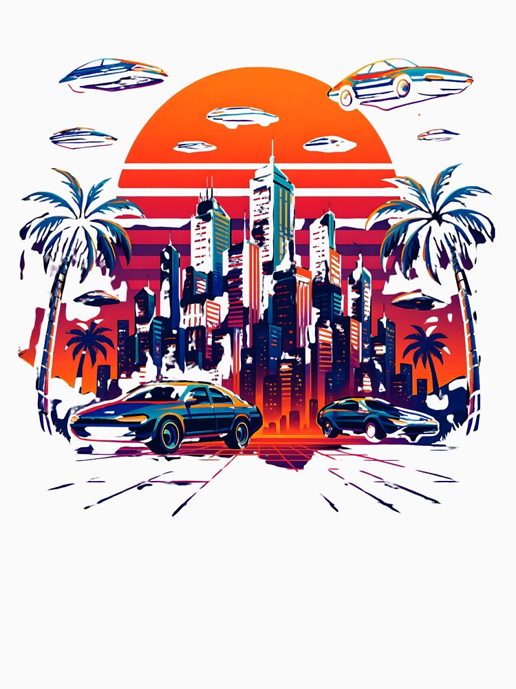 Retrofuturistic Sunset Cityscape – Synthwave Flying Cars & Neon Skyline by JaroPrints