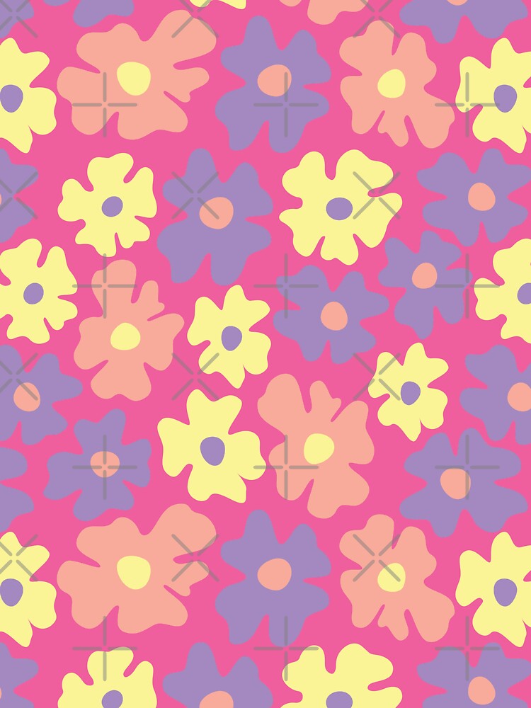 pink 60s retro flower power, hot pink, purple, yellow, peach,  60s groovy pattern, hippie flowers by blomastudios
