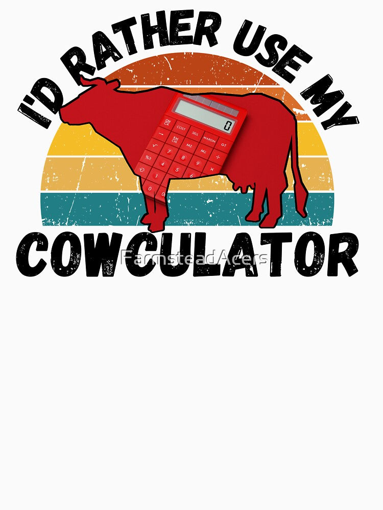 Black version of Red Math Cow with Vintage sunset "Cow-Culator" jokes Funny colorful cow puns Calculator by FarmsteadAcers