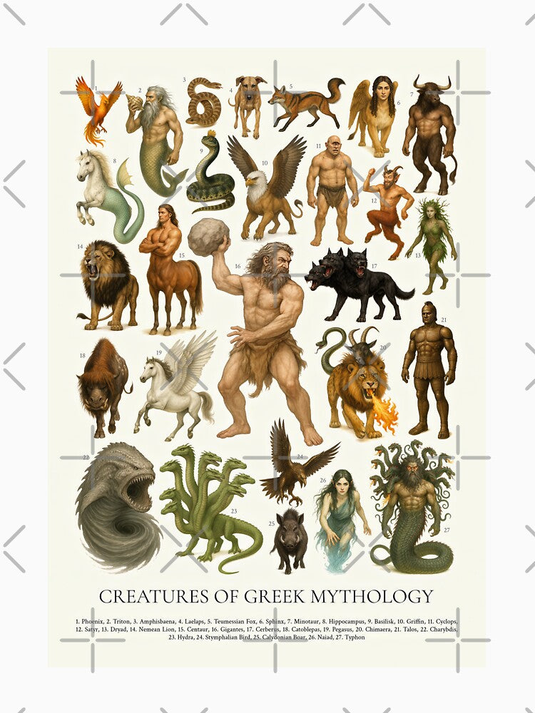 Creatures of Greek Mythology Retro Style Illustration Chart by kakarikihill