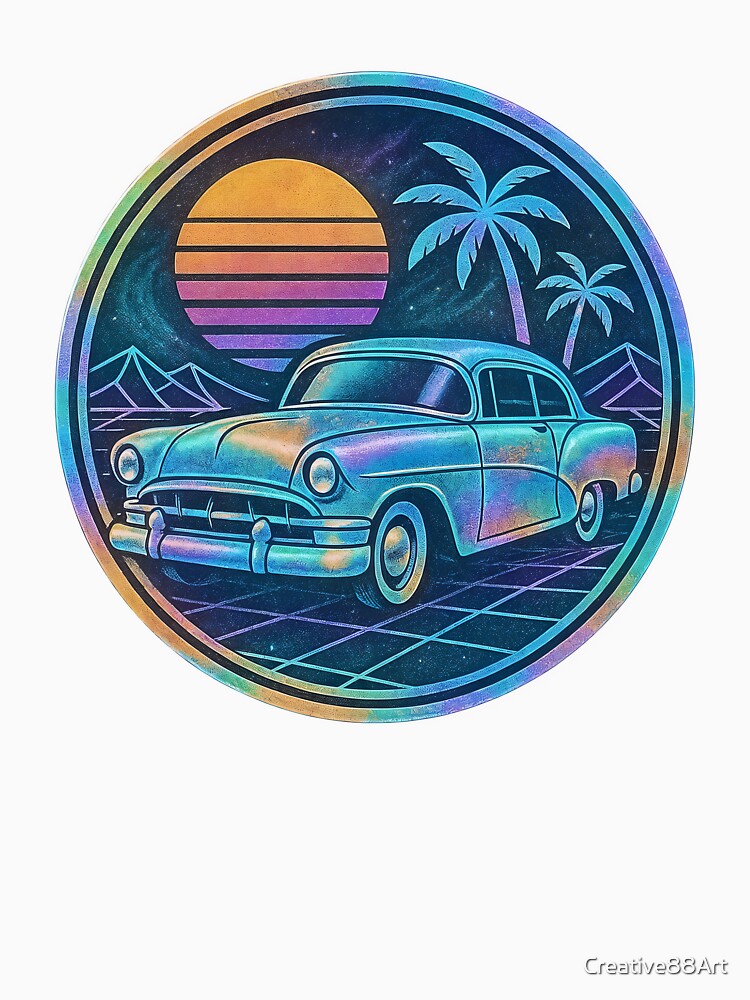 Retro 1950s sedan on neon grid under tropical sunset and palms by Creative88Art