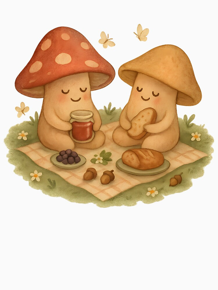 Mushroom Picnic Friends – Cottagecore Nature Art by CreativeGarage