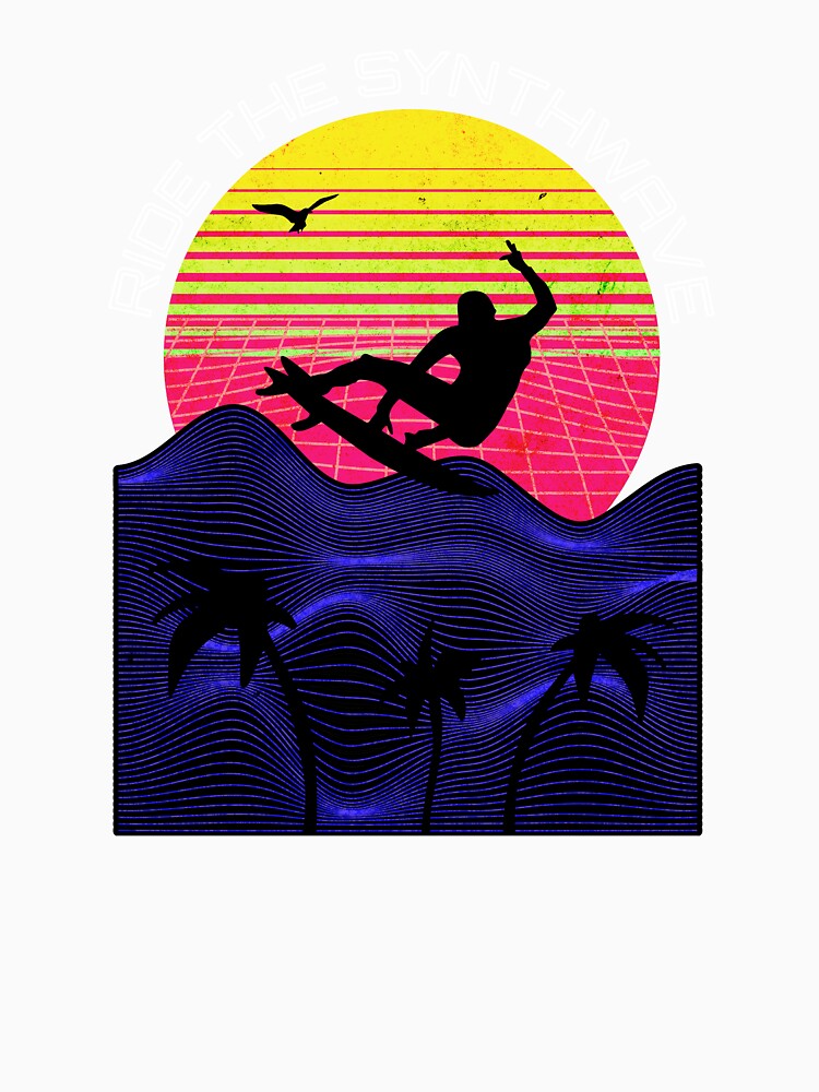 Ride the Synthwave 80s Vaporwave Retro Sunset Surfer at Beach by Wild-Neptune