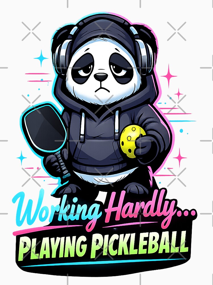 Working Hardly Playing Pickleball Panda Neon Lo-fi Art by Xemora