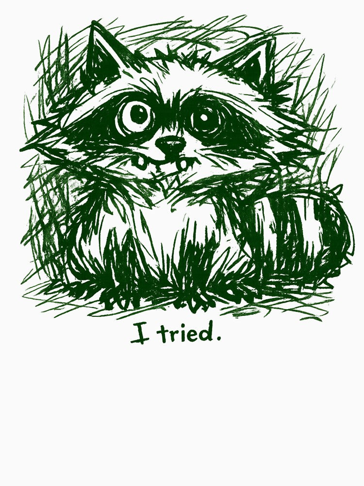 Ugly Cute Raccoon “I Tried” – Messy Sketch Anti Design Forest Green by JonelCrafts