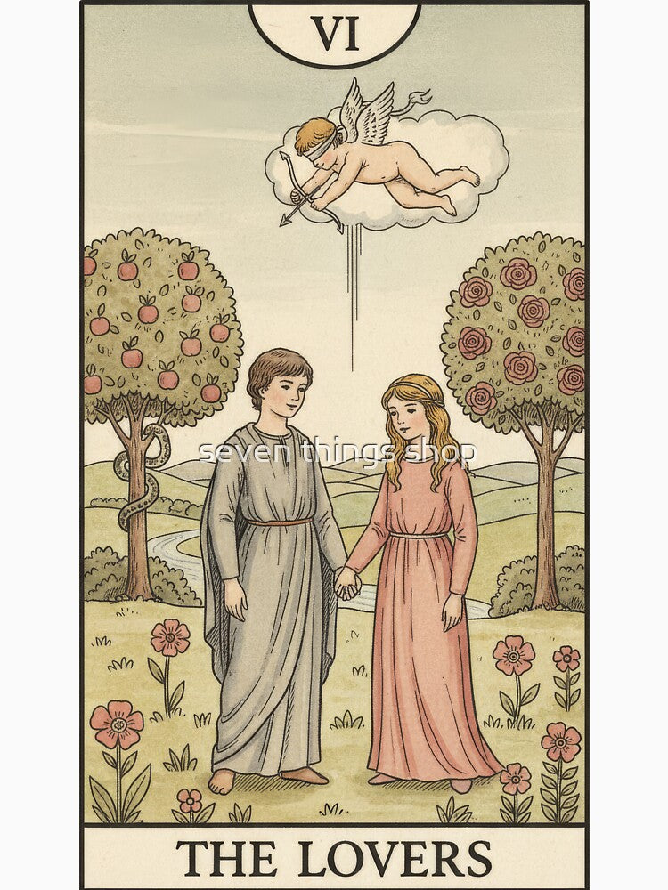 The Lovers Tarot Card Poster - Vintage Aesthetic Occult Art - Retro Mystical Illustration for T-Shirts and Decor by seven things shop