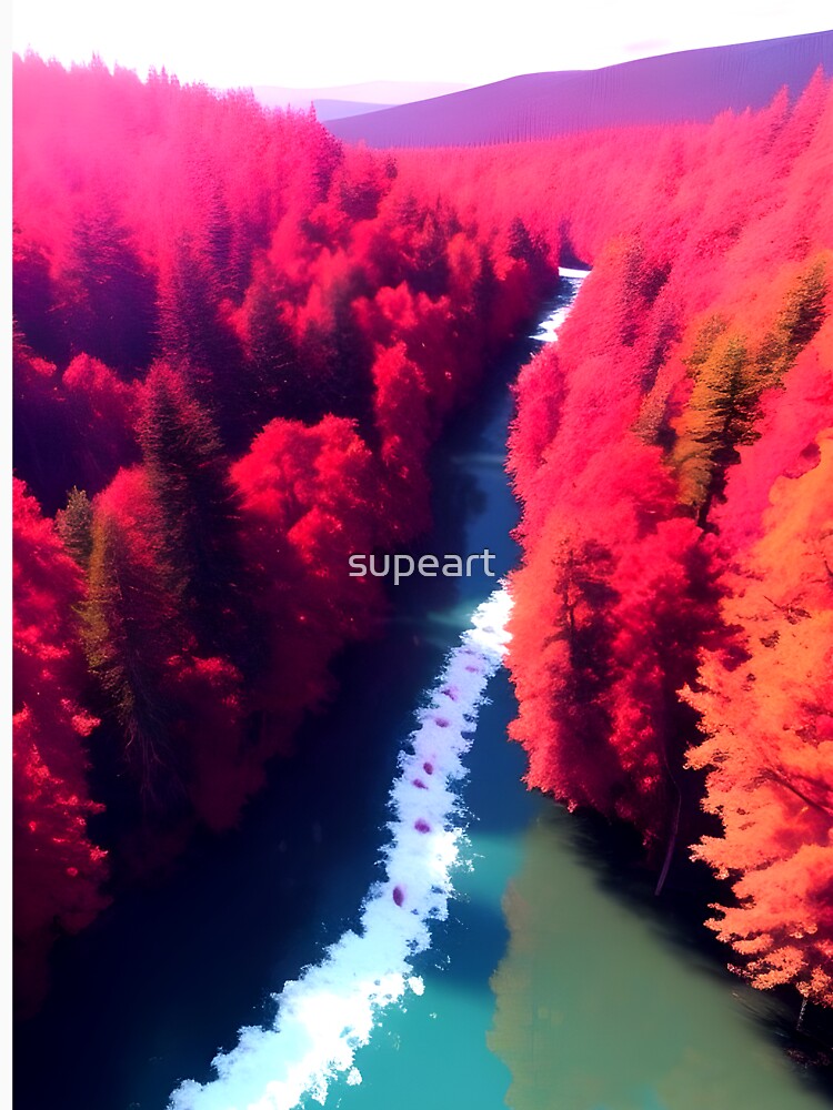 Red Forest & River View Landscape Art by supeart