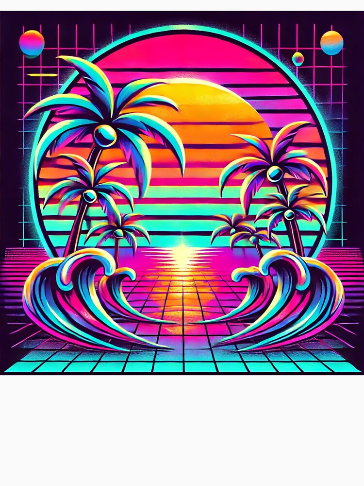 Neon Paradise – Vibrant Retro Sunset with Palm Trees & Ocean Waves by Hegen79