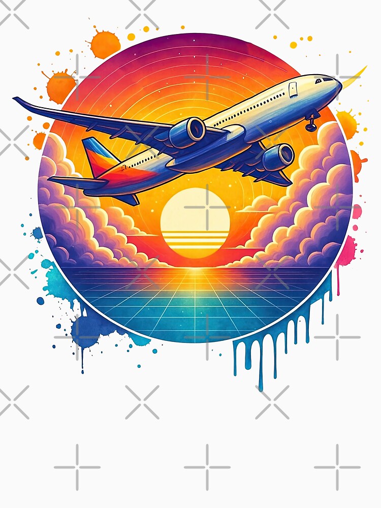 Retro Sunset Jetliner with Neon Clouds and Grid by ArtfulWeave