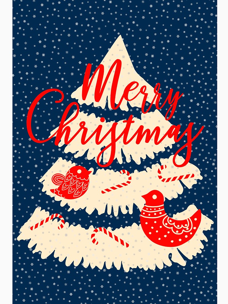 Hand drawn merry christmas happy holiday vector card with a christmas tree, ethnic birds and candy canes by Familyshmot