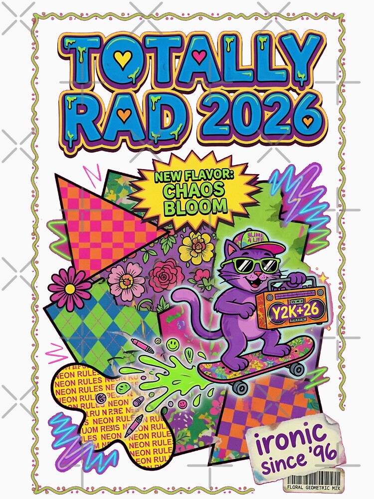 Totally Rad 2026 Y2K Chaos Bloom Neon Cat Skateboard by REAL IRISH GIFTS