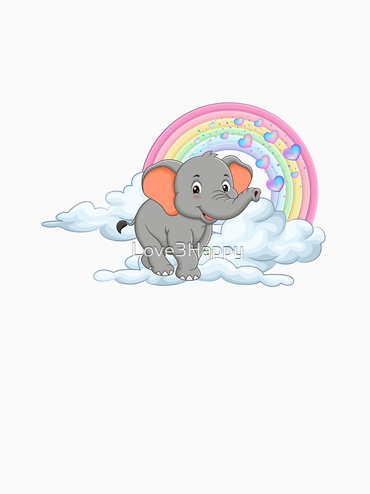 Friendly Elephant - Cute Grey Elephant on a Cloud with Pastel Rainbow by Love3Happy
