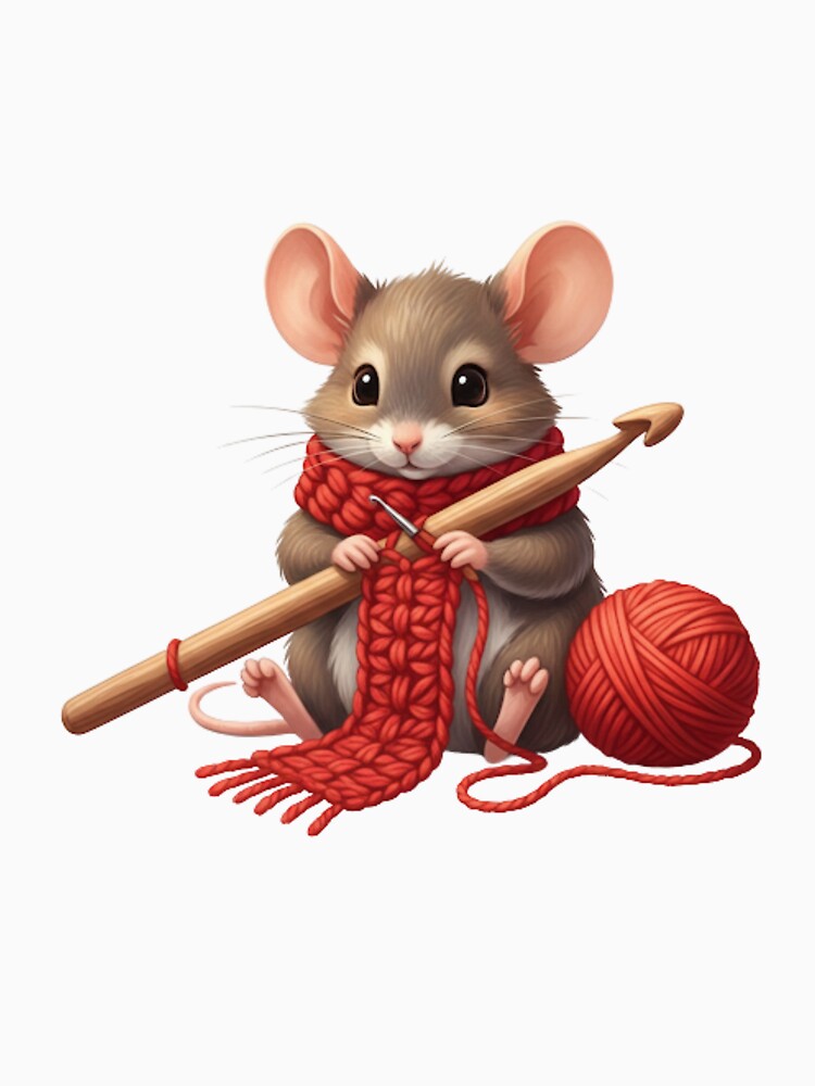 Cozy Mouse Crocheting a Red Scarf - Cute Mouse & Hobbies Series by EnlightArt