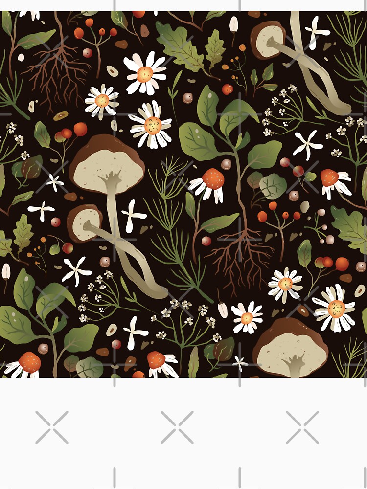Dark Cottagecore Mushroom Pattern – Woodland Fungi and Autumn Foliage by smeraldosecrets