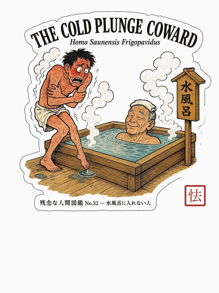 The Bather Who Fears the Cold Plunge — Funny Sauna Ice Bath Ukiyo-e Tee by nurusubetei