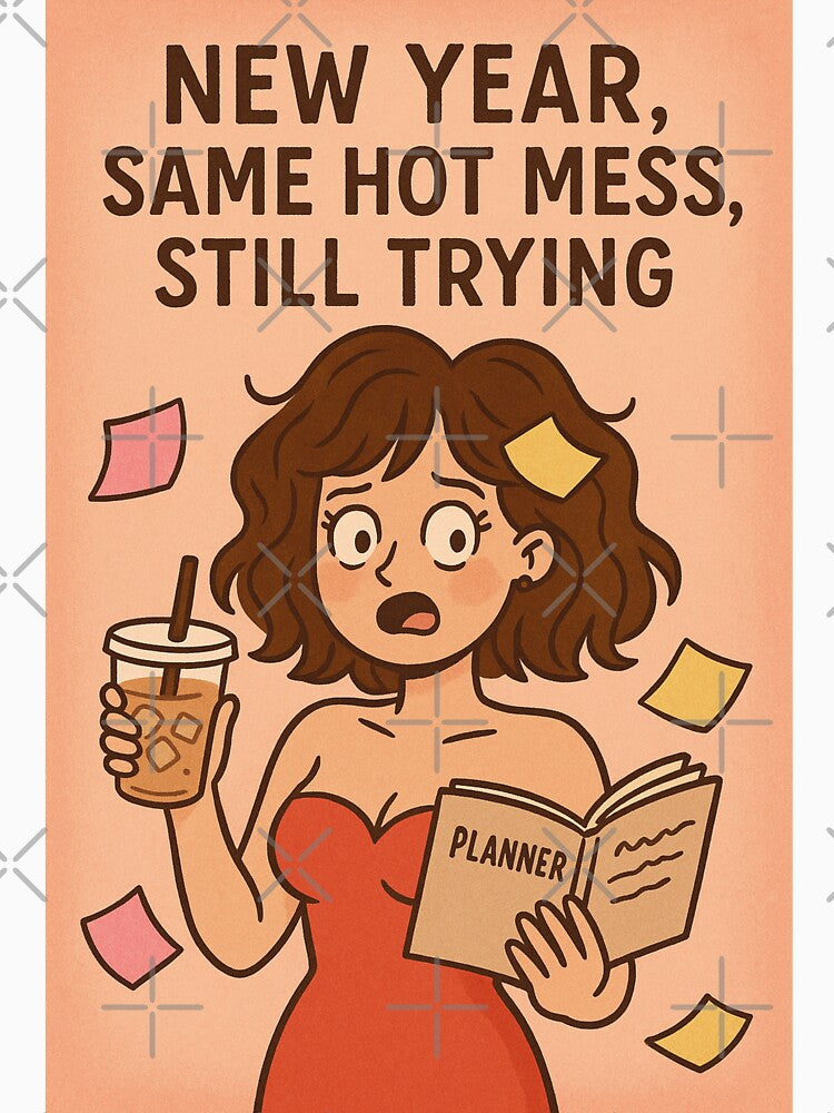 Funny New Year Greeting with Frazzled Woman, Iced Coffee and Planner Chaos by Places On Earth
