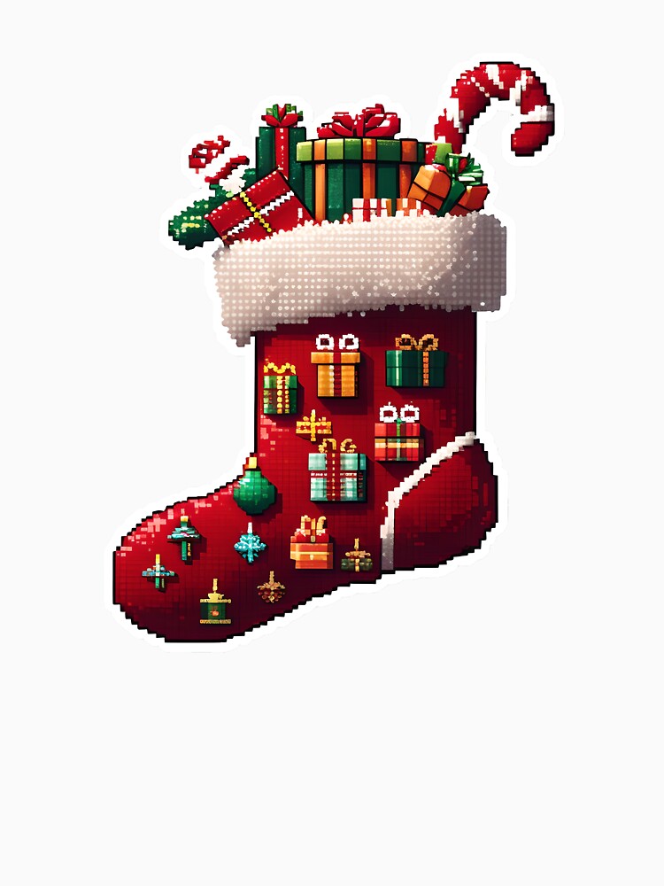 Cute Pixel Christmas Stocking Overflowing with Tiny Gifts by BankMano