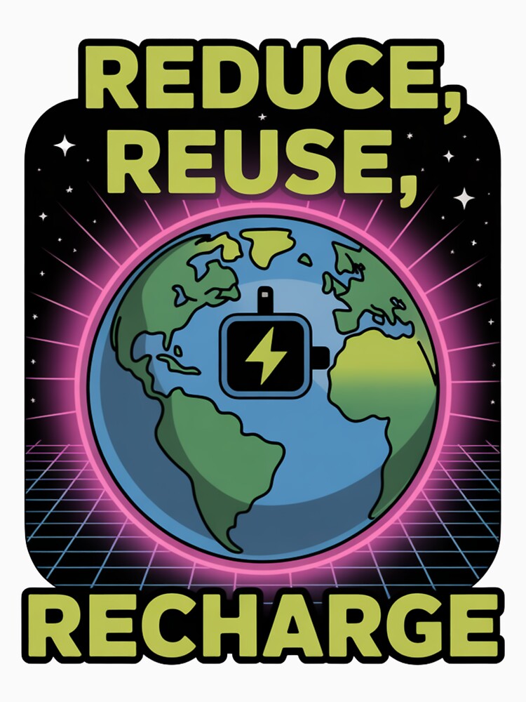 Reduce Reuse Recharge — Retro Synthwave Neon Earth Battery Renewable Energy Environmental Graphic Tee by proearth2022