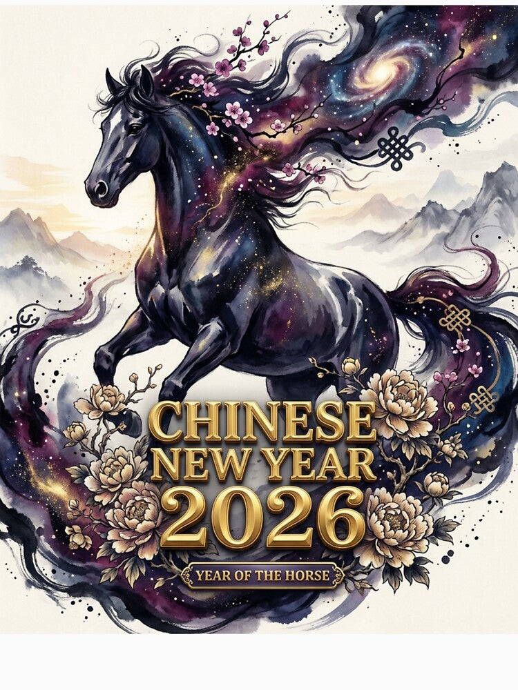 Chinese New Year 2026 - Year of the Horse Art Print - Cosmic Horse with Blossoms and Mountains by JaaCreativeShop