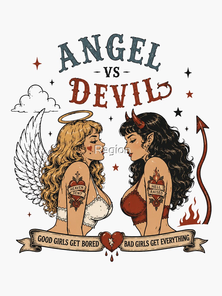 Angel vs Devil Vintage Tattoo – Good Girls Get Bored Bad Girls Get Everything by Region