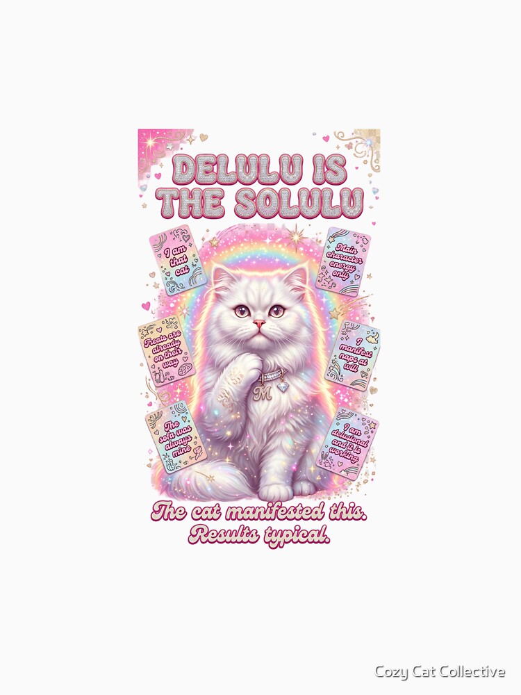 Delulu Is The Solulu Cat T-Shirt — Funny Gen Z Manifestation White Cat Y2K — Main Character Energy Cat Lover Gift — Pink Sparkle Affirmation Cat Graphic Tee by Cozy Cat Collective