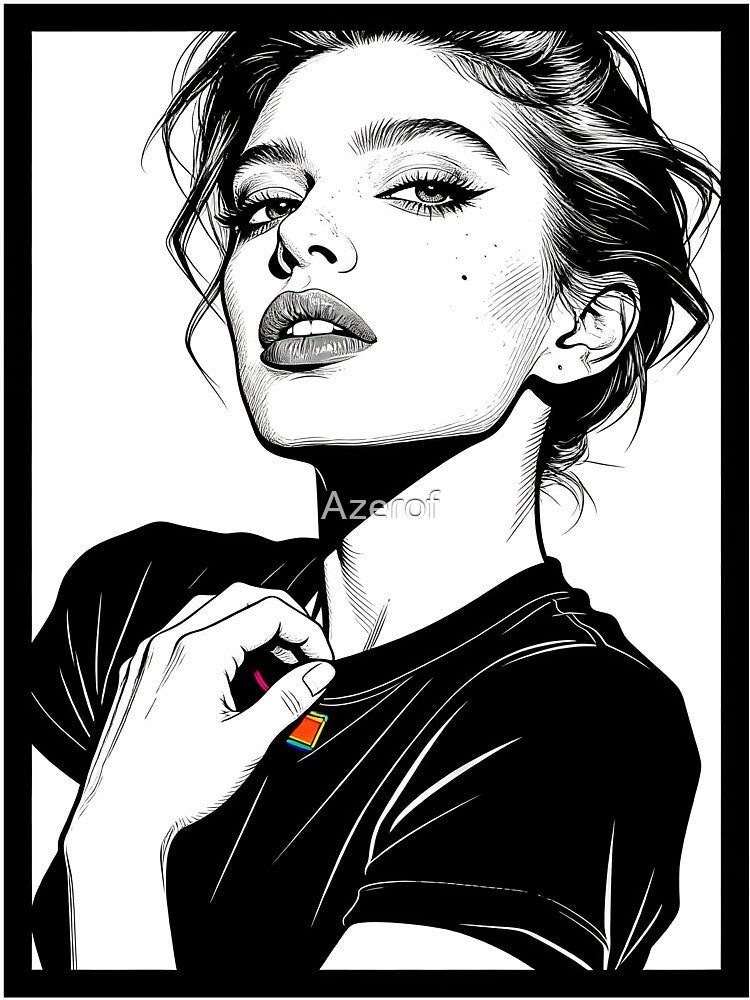 Black and White Freckled Girl Portrait Line Art by Azerof