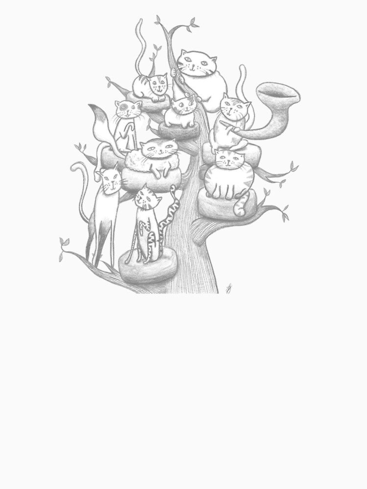 Cozy Cat Gathering Tree Hand Drawn Grayscale by BOKEbyTC