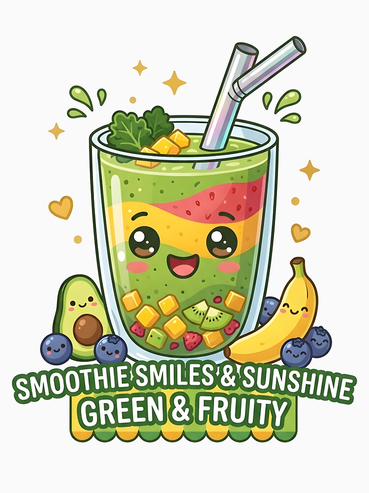 Kawaii Green Smoothie Smiles - Healthy Fruit and Sunshine Mascot Art by WalterAdd