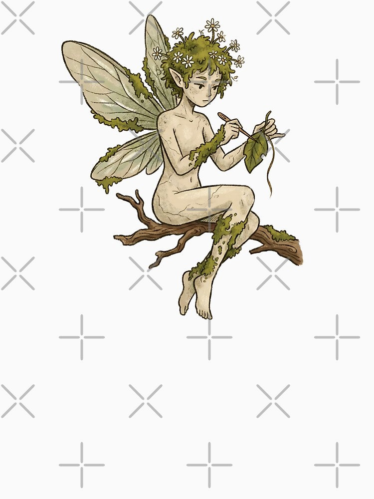 Vintage Goblincore Forest Fairy Sewing A Leaf by Imaginationbeyond