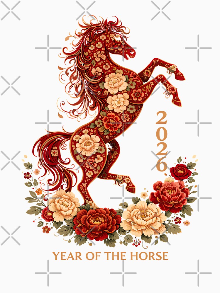 Year of the Horse 2026, Chinese New Year Zodiac Gift, Floral Horse Graphic Tee by saloui