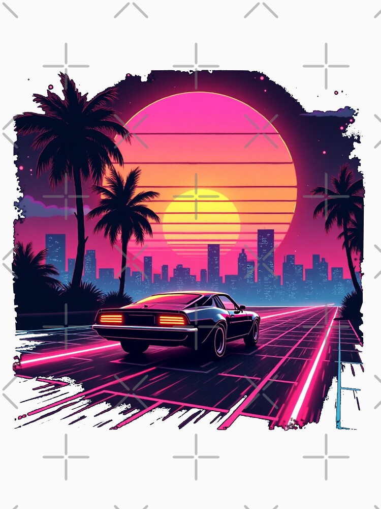 Retro 80s Synthwave T-Shirt – Neon Sunset & Futuristic Car Design by Madustoks