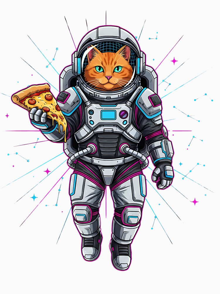 Cool Floating Astronaut Cat & Pizza – Retro Synthwave Space by LIGHT-CANVAS