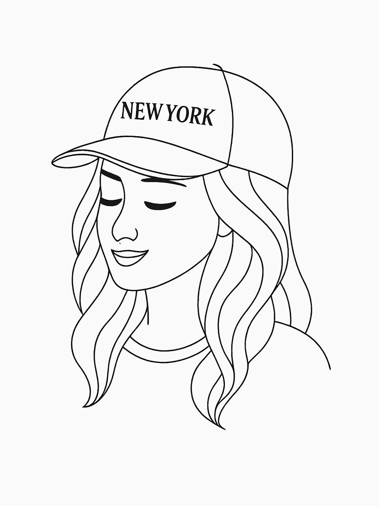 Minimalist Line Art Girl with New York Cap – Aesthetic Fashion Drawing by TimaStudioUk