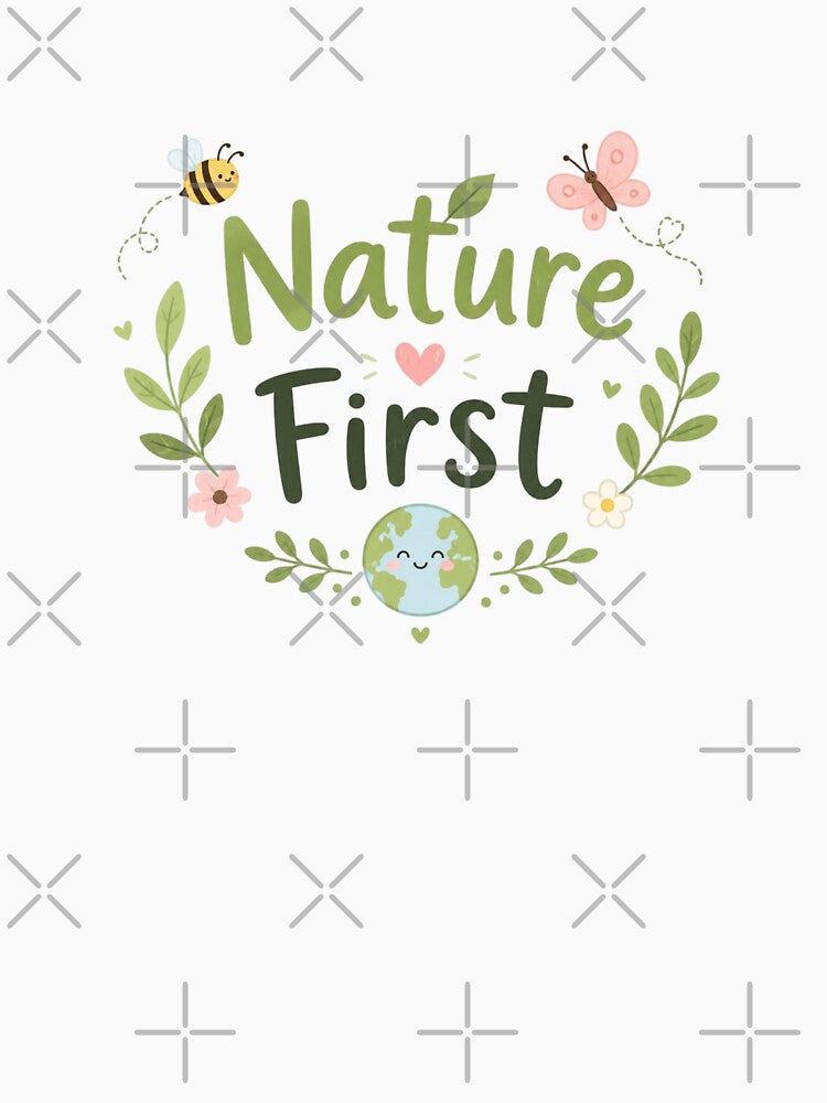 Nature First Cute Eco Earth Design | Kawaii Environmental Quote T-Shirt Sticker Gift by Sanika arts