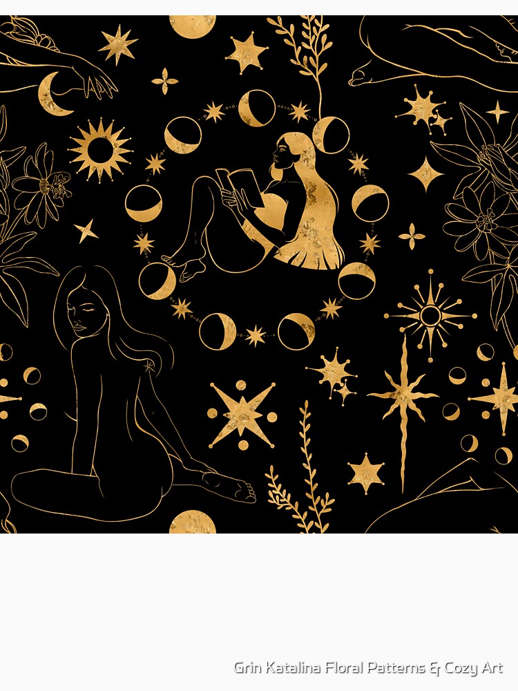 Magical pattern centering a reading girl surrounded by a full cycle of moon phases, shining suns, and mystical flowers. Celebrates solitude, magic of knowledge, and starry skies. by Grin Katalina Floral Patterns & Cozy Art