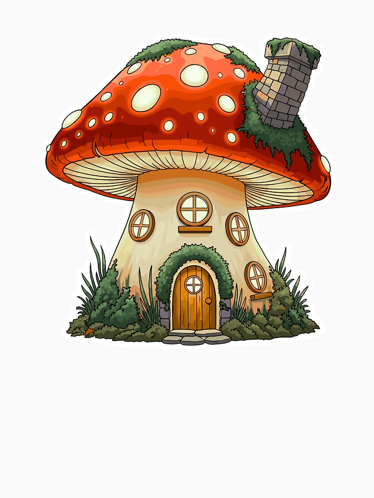 Whimsical Mushroom House Sticker - Cute Red Toadstool Fairy Cottage Art by Saroj Snehi